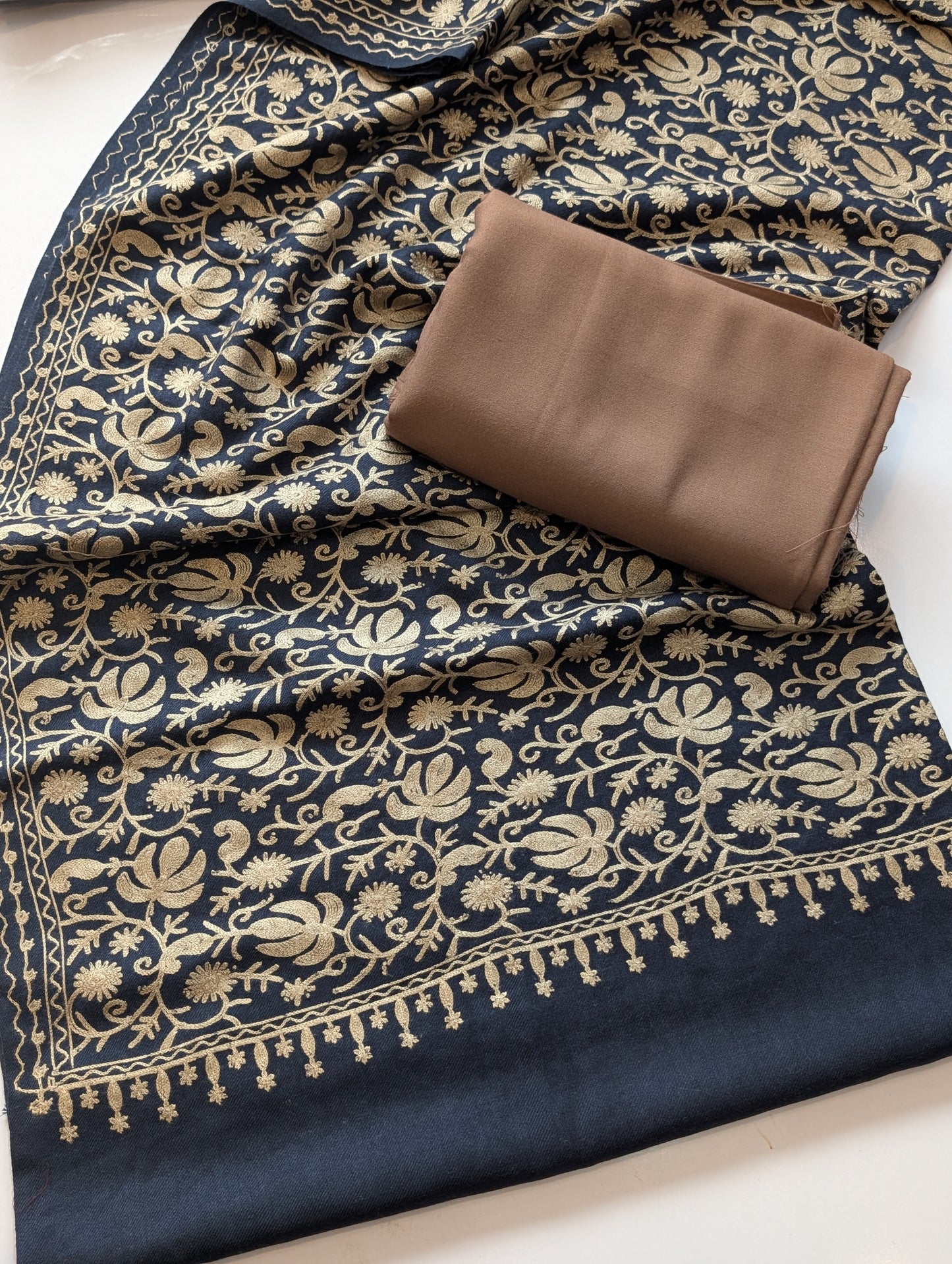 Pashmina 3 Piece Suit | Embroidered Shawl with Plain Suit Marina | Blue Skin