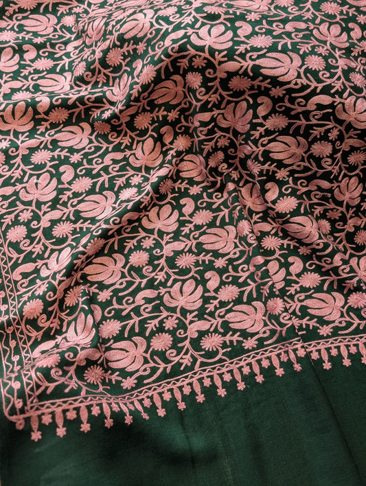 Green With Pink Pashmina Embroidered Shawl | Kashmiri Aar Work Embroidery Perfect Gift in Sale Price