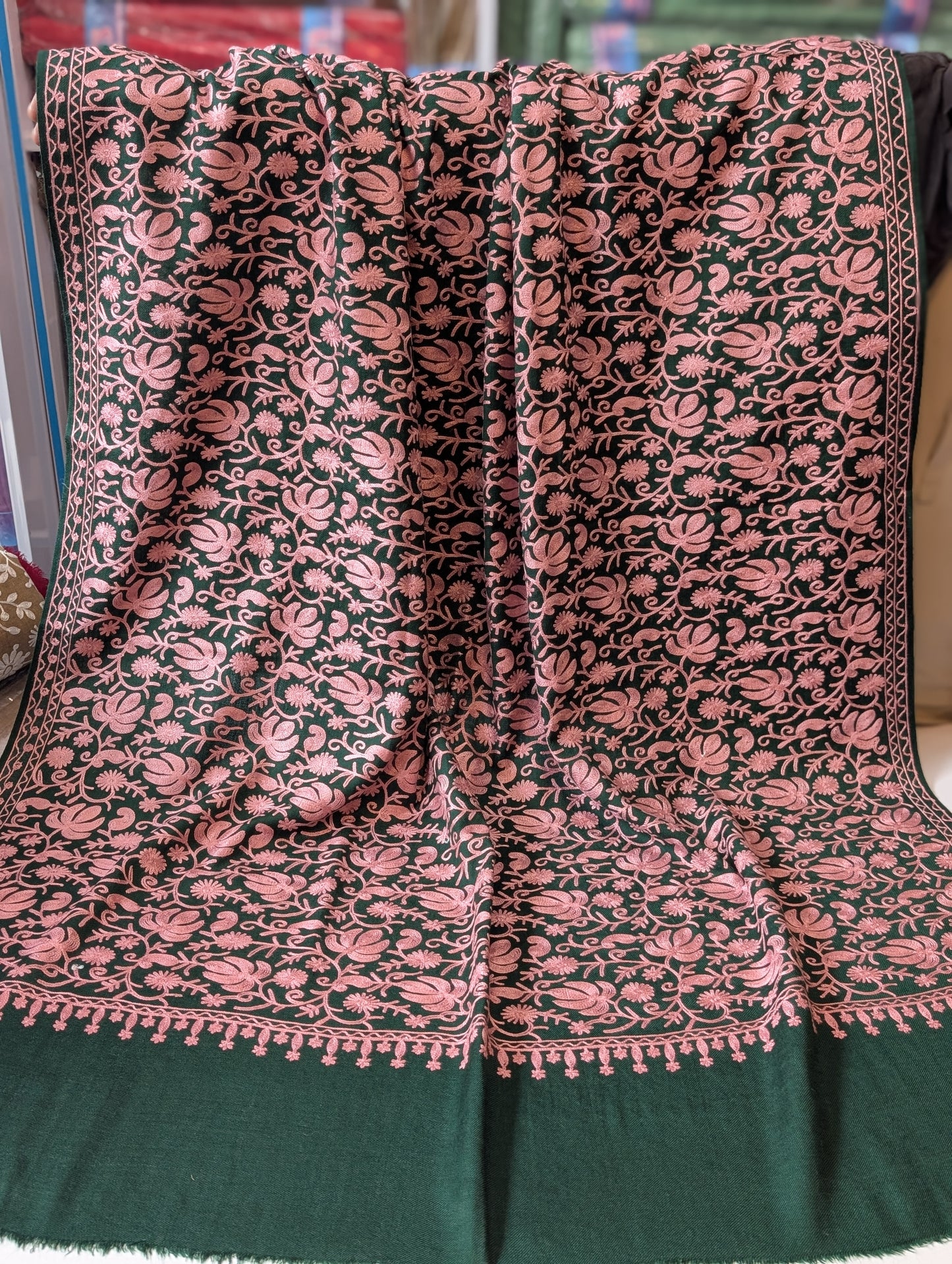 Green With Pink Pashmina Embroidered Shawl | Kashmiri Aar Work Embroidery Perfect Gift in Sale Price