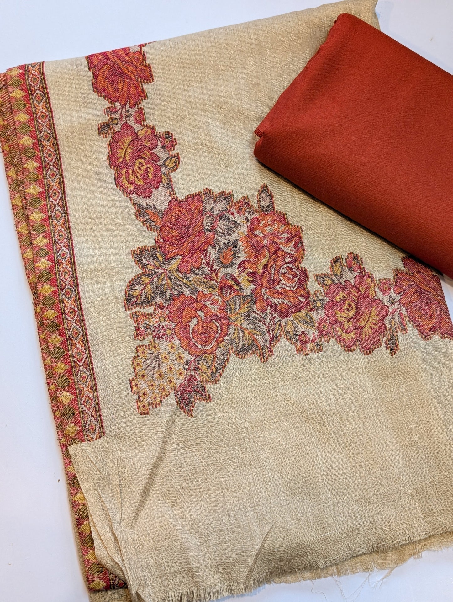 Kani Border Shawl With Plain Marina Suit | Skin with Rust