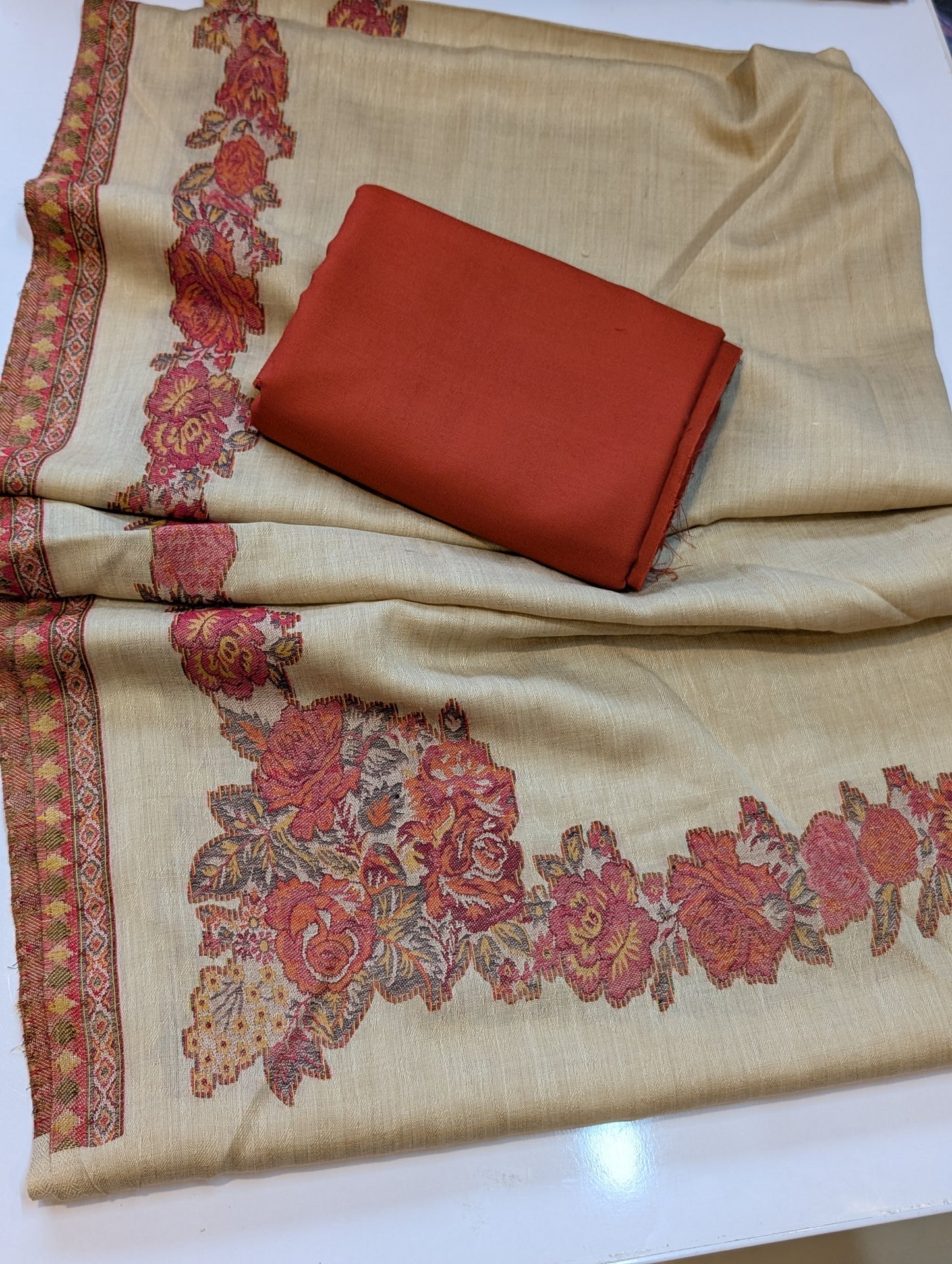 Kani Border Shawl With Plain Marina Suit | Skin with Rust