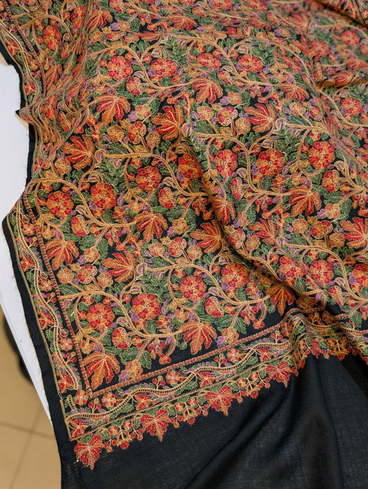 Full Embroidered Jama Jaal Pashmina Shawl | Black