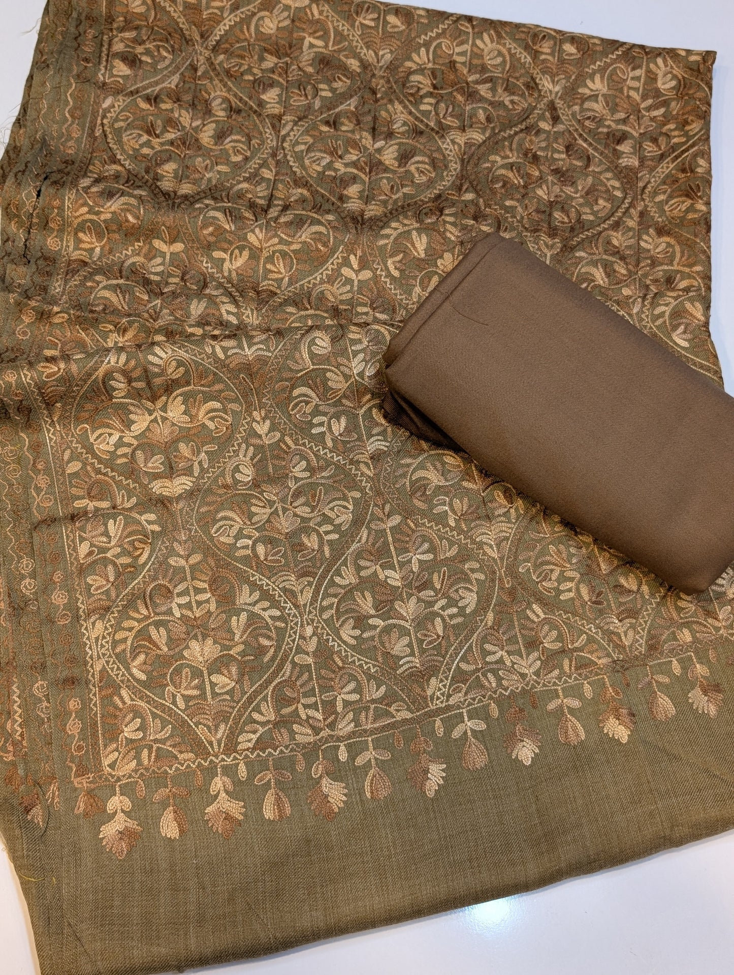 Pashmina 3 Piece Suit | Embroidered Shawl with Plain Suit Marina | Skin Brown