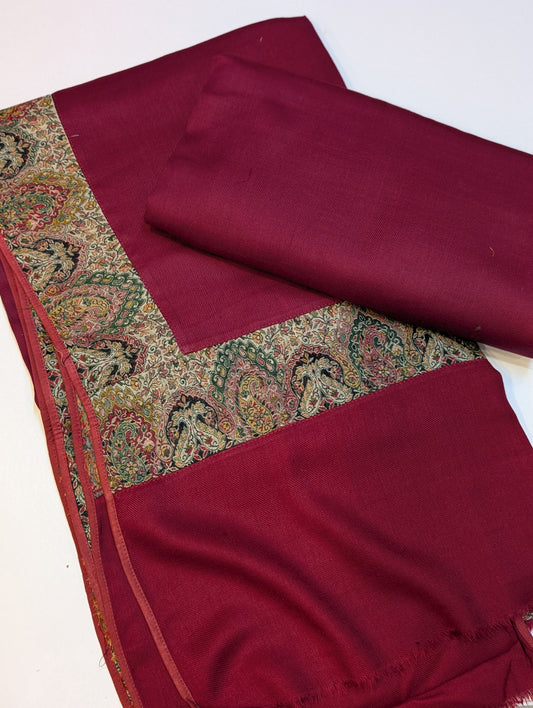 Pashmina Suit 3 Piece | Kani Border Shawl with Plain Suit | Maroon