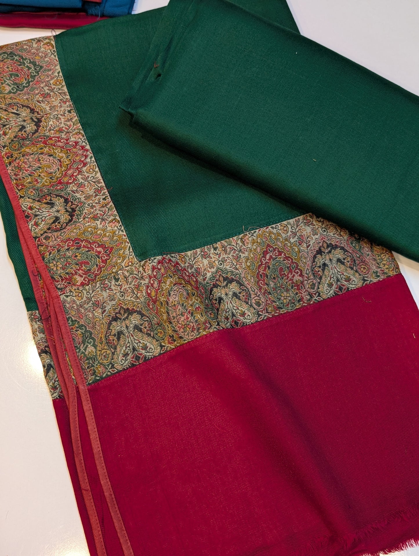 Pashmina Suit 3 Piece | Kani Border Shawl with Plain Suit | Dark Green