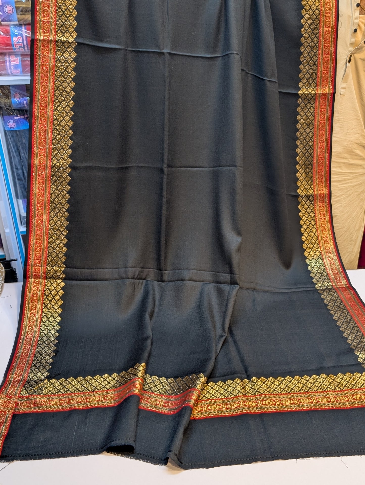 Pashmina Banarsi Border Shawl Full Length | Black