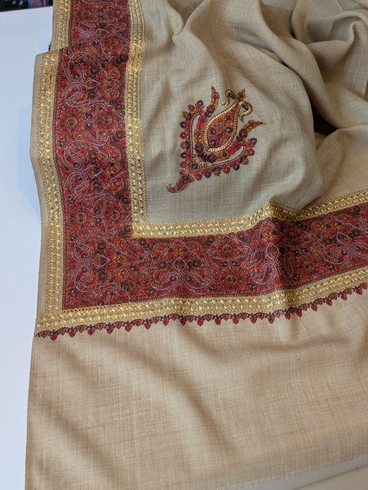 Kashmiri Shawl | Wide Border Papermache Tilla Embroidery Made in Kashmir Pure Pashmina | Skin