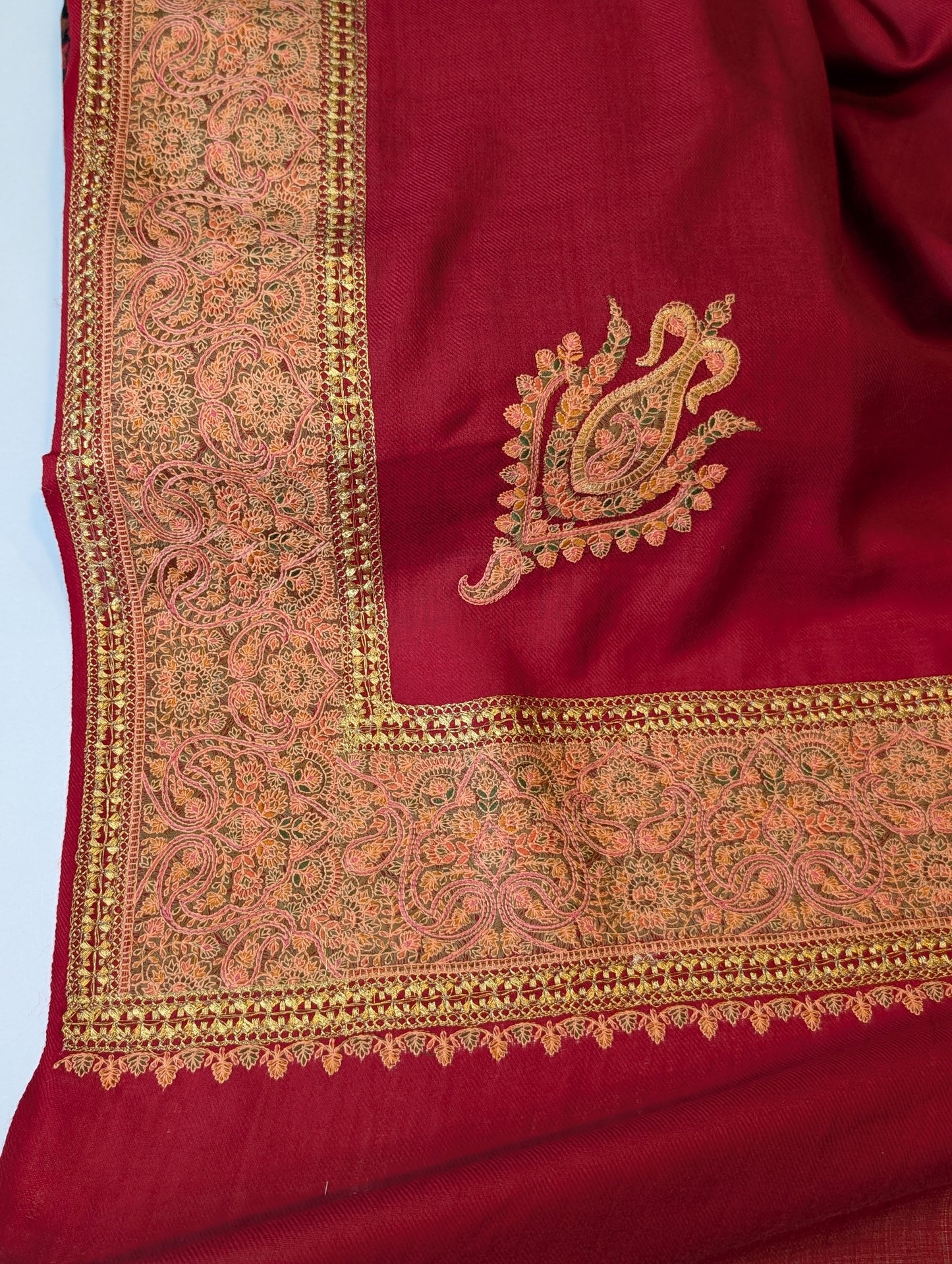 Kashmiri Shawl | Wide Border Papermache Tilla Embroidery Made in Kashmir Pure Pashmina | Maroon