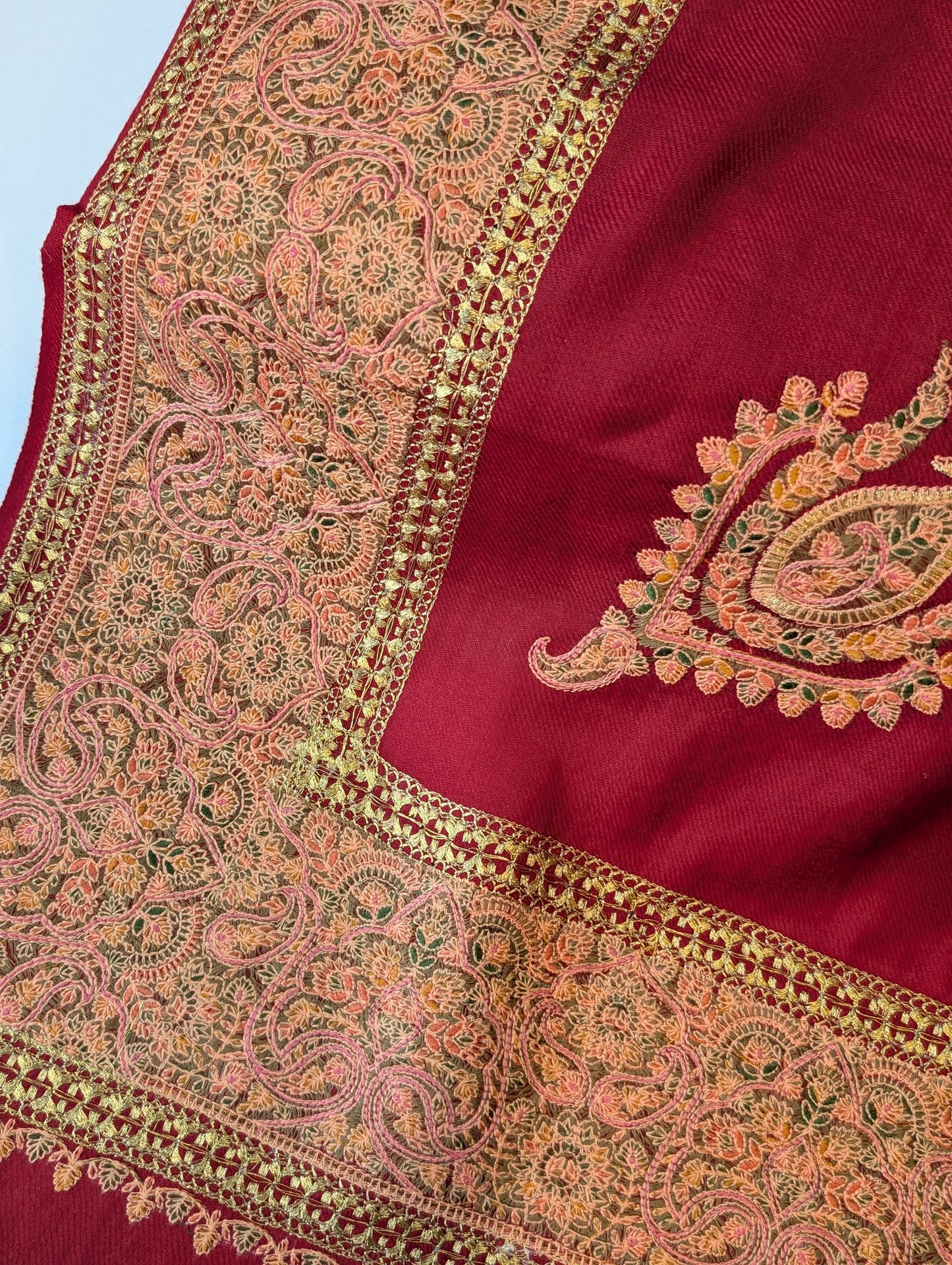 Kashmiri Shawl | Wide Border Papermache Tilla Embroidery Made in Kashmir Pure Pashmina | Maroon