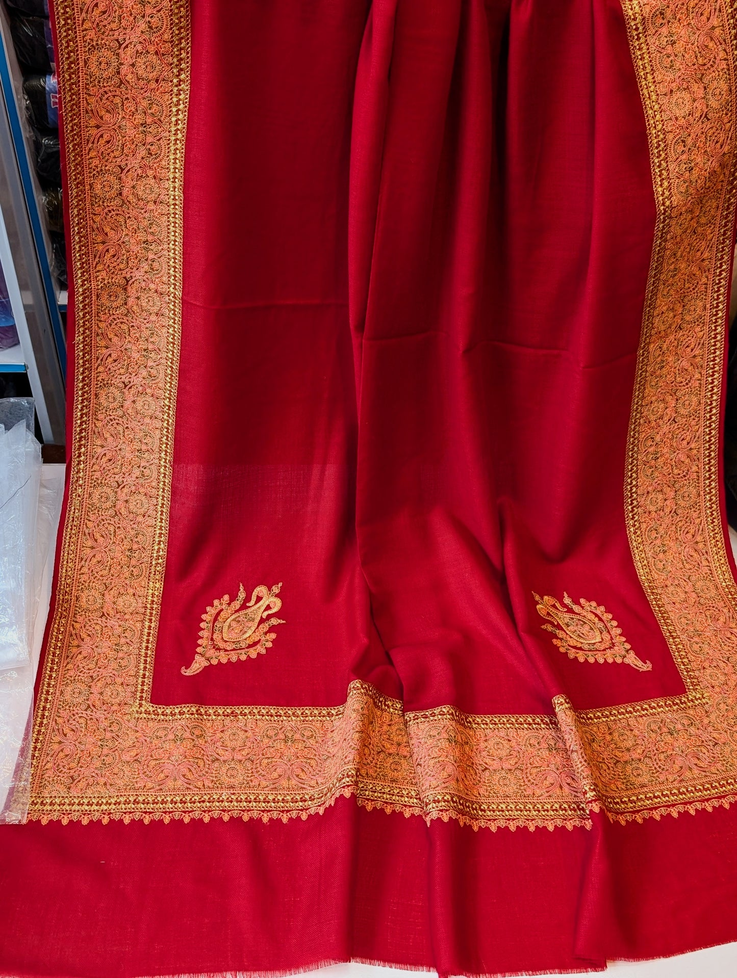 Kashmiri Shawl | Wide Border Papermache Tilla Embroidery Made in Kashmir Pure Pashmina | Maroon