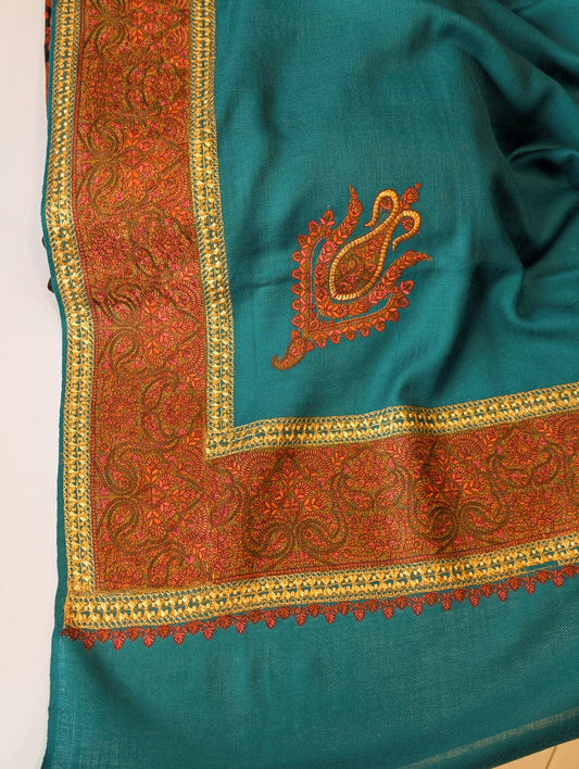 Kashmiri Shawl | Wide Border Papermache Tilla Embroidery Made in Kashmir Pure Pashmina | Ferozi