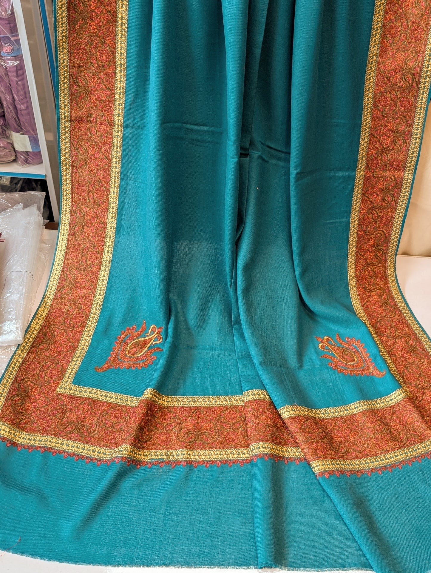 Kashmiri Shawl | Wide Border Papermache Tilla Embroidery Made in Kashmir Pure Pashmina | Ferozi