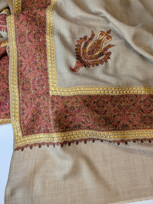 Kashmiri Shawl | Wide Border Papermache Tilla Embroidery Made in Kashmir Pure Pashmina | Skin Grey