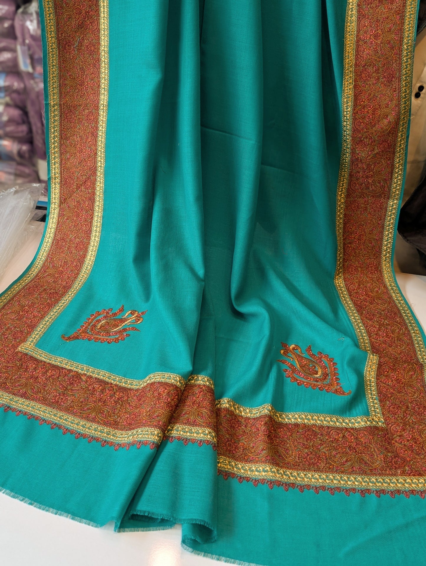 Kashmiri Shawl | Wide Border Papermache Tilla Embroidery Made in Kashmir Pure Pashmina | Sea Green