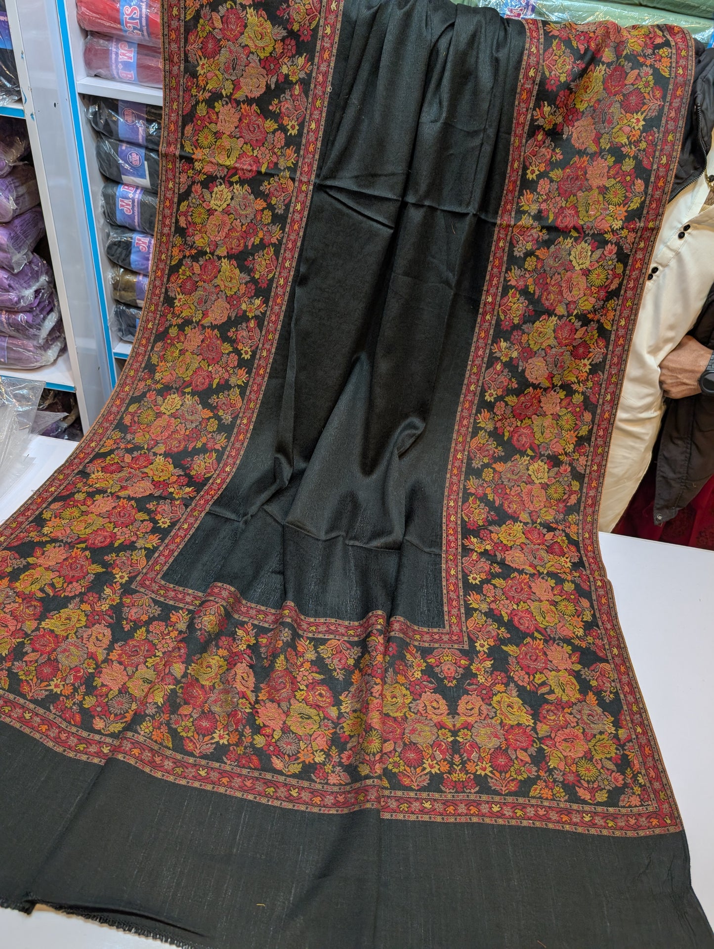 Pashmina Wool Kani Border Shawl in Full Size Multi Color Black