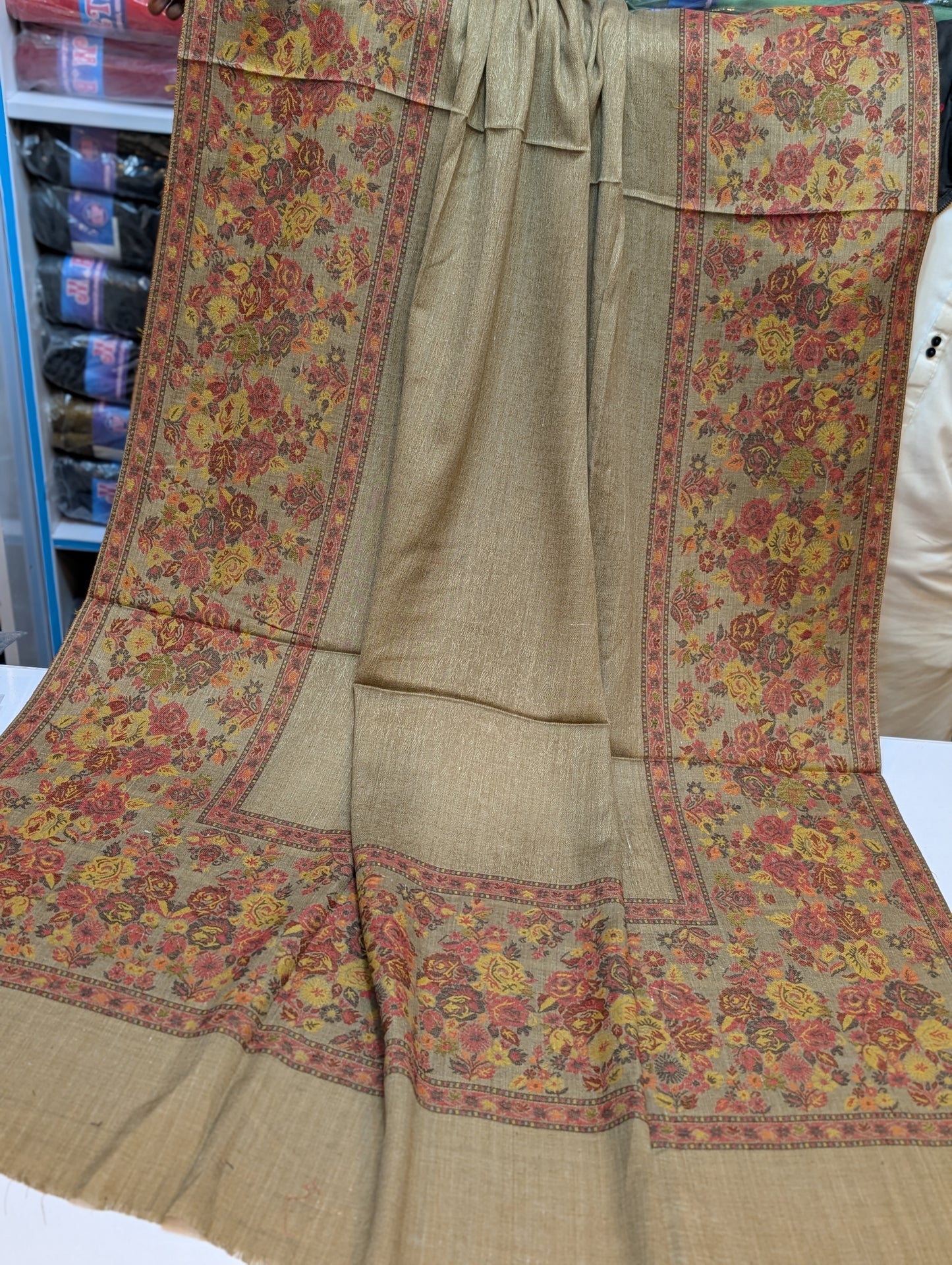 Pashmina Wool Kani Border Shawl in Full Size Multi Color Skin