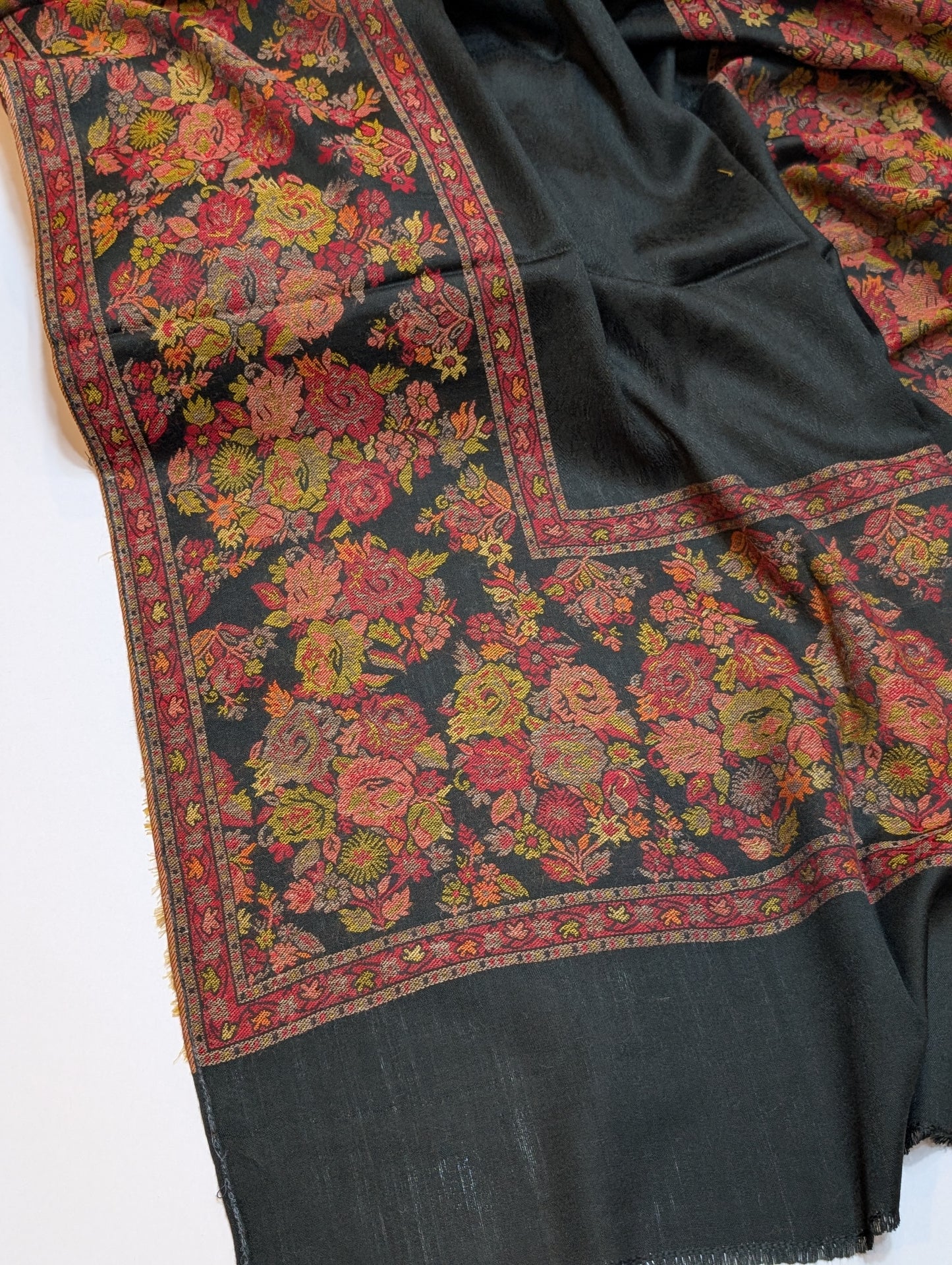 Pashmina Wool Kani Border Shawl in Full Size Multi Color Black