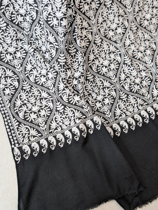 Pashmina Embroidered Shawl Matka Design | Kashmiri Aar Work Embroidery | Black With White