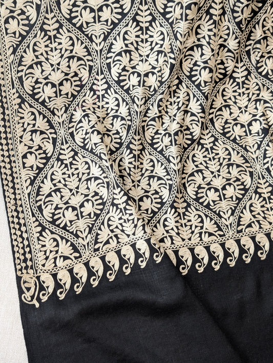 Pashmina Embroidered Shawl Matka Design | Kashmiri Aar Work Embroidery | Black With Skin