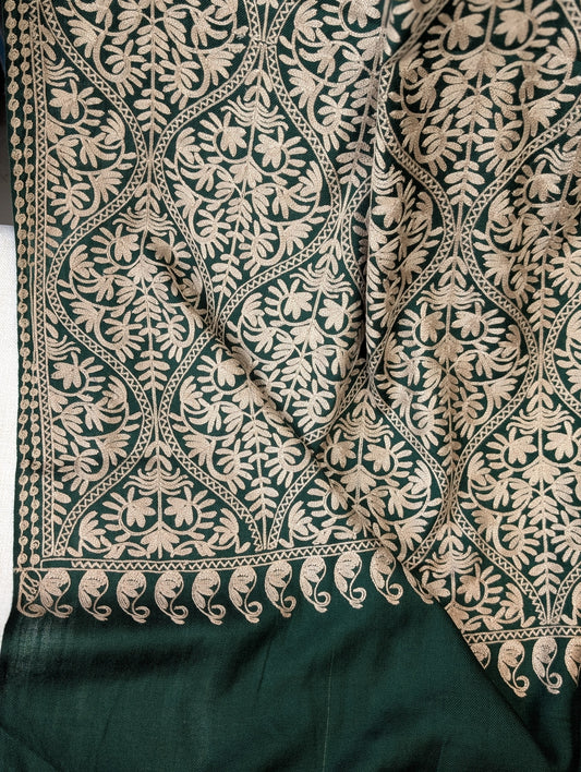 Pashmina Embroidered Shawl Matka Design | Kashmiri Aar Work Embroidery | Green With SKin