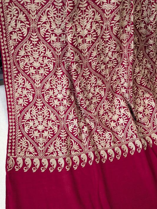 Pashmina Embroidered Shawl Matka Design | Kashmiri Aar Work Embroidery | Maroon With Skin