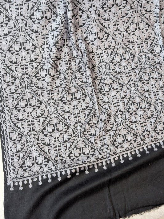 Pashmina Embroidered Shawl Matka Design | Kashmiri Aar Work Embroidery | Black With Grey