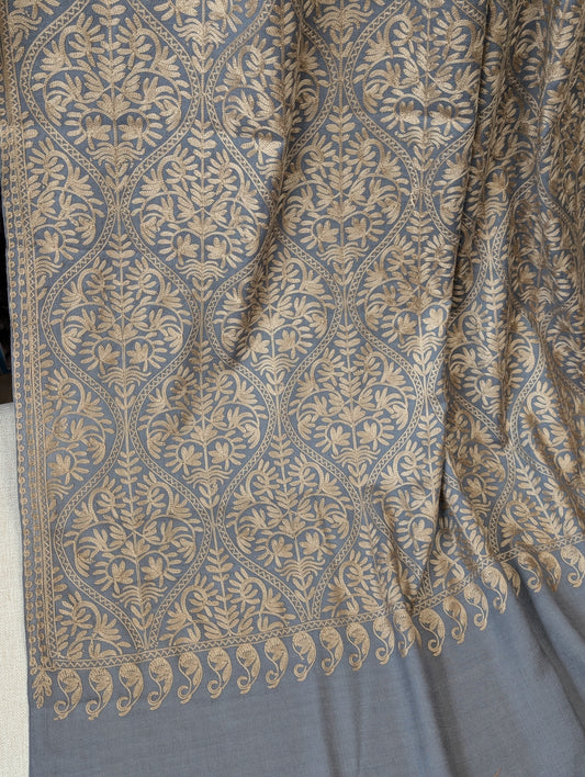 Pashmina Embroidered Shawl Matka Design | Kashmiri Aar Work Embroidery | Grey With Skin