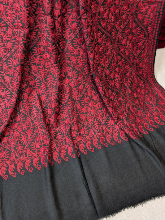 Pashmina Embroidered Shawl Matka Design | Kashmiri Aar Work Embroidery | Black With Maroon