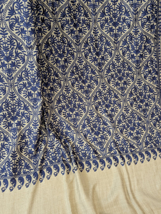 Pashmina Embroidered Shawl Matka Design | Kashmiri Aar Work Embroidery | Skin With Blue