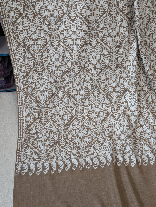 Pashmina Embroidered Shawl Matka Design | Kashmiri Aar Work Embroidery | Skin With White