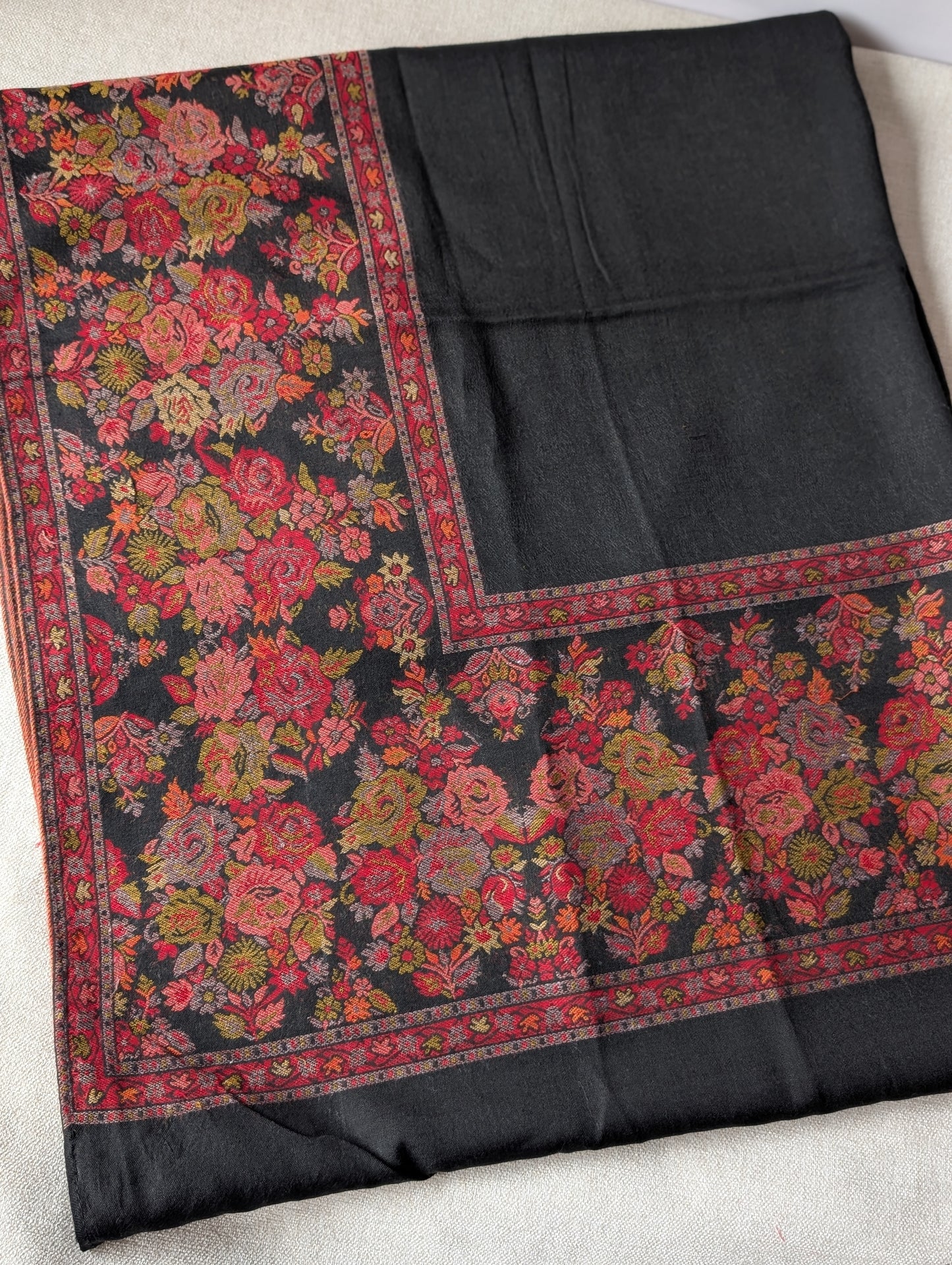 Pashmina Wool Kani Border Shawl in Full Size Multi Color Black