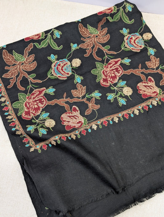 Black Gulabkar Pashmina Embroidered Shawl Fancy Tilla and Thread Work Perfect Gift