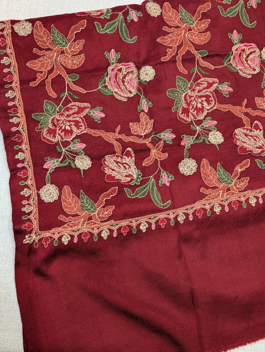 Maroon Gulabkar Pashmina Embroidered Shawl Fancy Tilla and Thread Work Perfect Gift