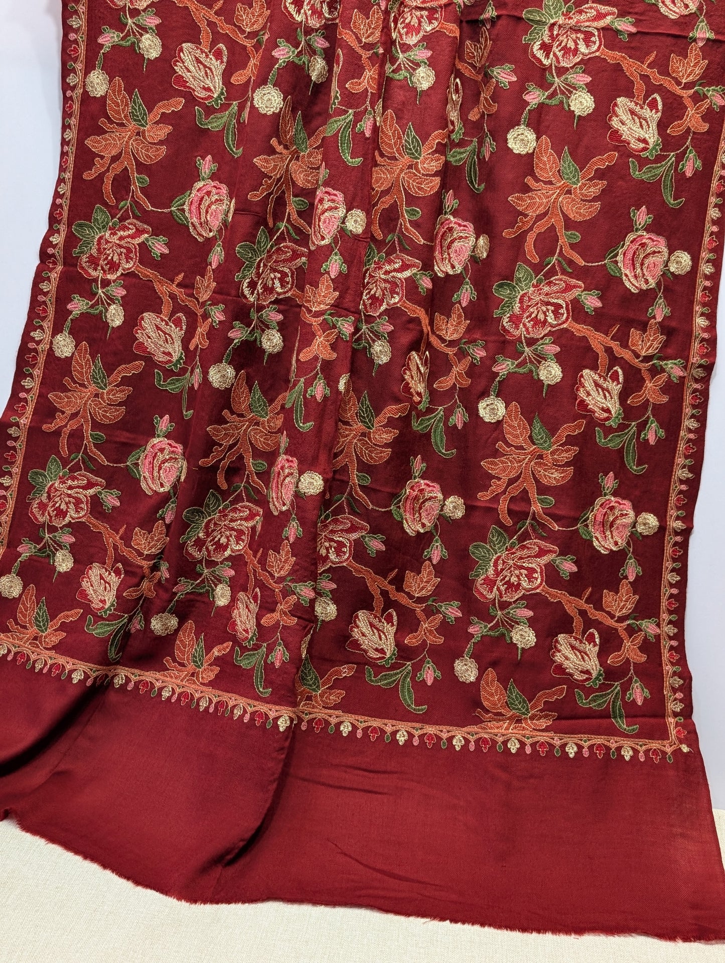 Maroon Gulabkar Pashmina Embroidered Shawl Fancy Tilla and Thread Work Perfect Gift
