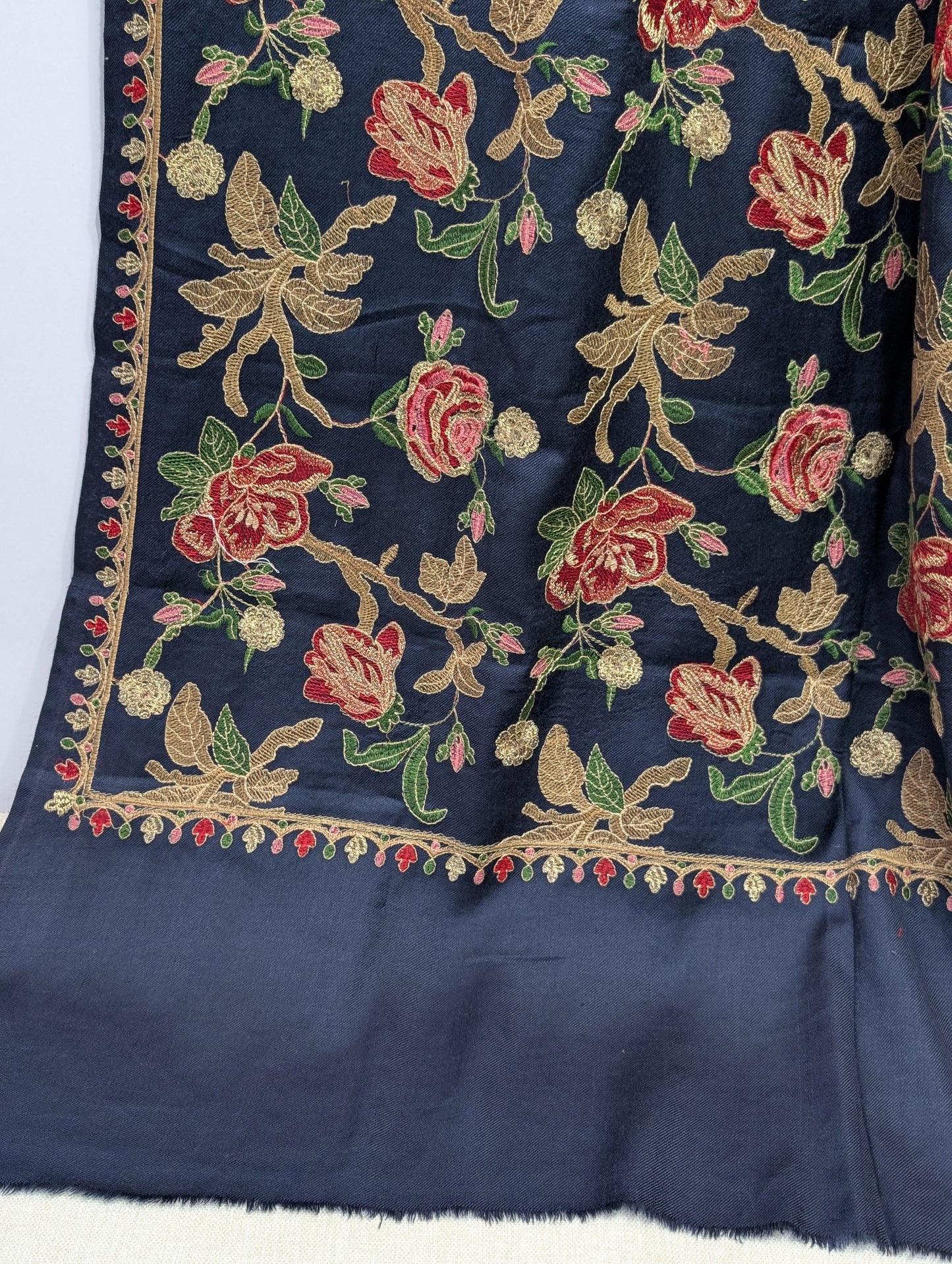 Blue Gulabkar Pashmina Embroidered Shawl Fancy Tilla and Thread Work Perfect Gift