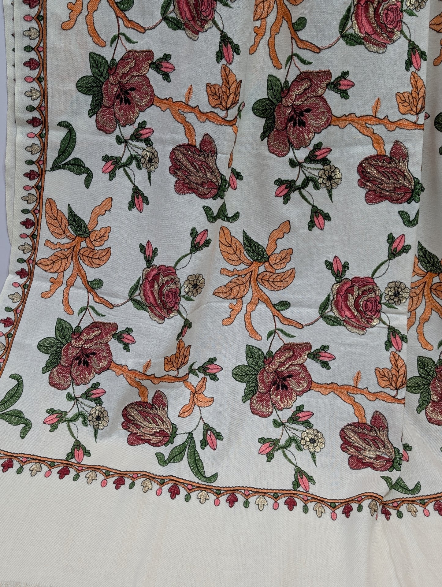 White Gulabkar Pashmina Embroidered Shawl Fancy Tilla and Thread Work Perfect Gift