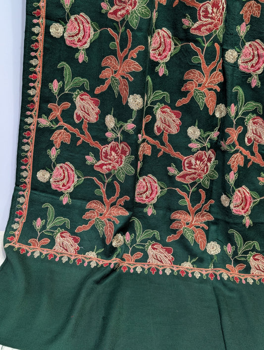 Dark Green Gulabkar Pashmina Embroidered Shawl Fancy Tilla and Thread Work Perfect Gift