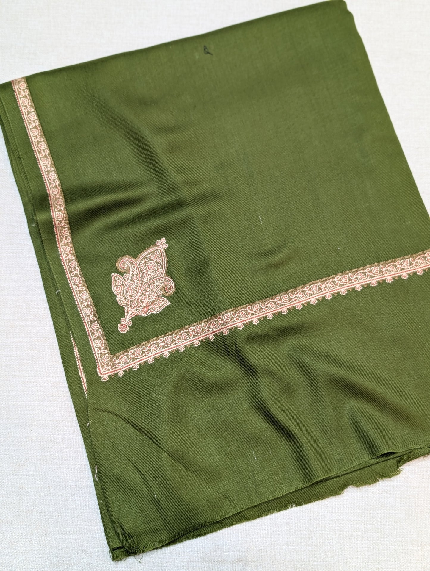 Kingri Border Embroidered Pashmina Shawl | Mehndi Green