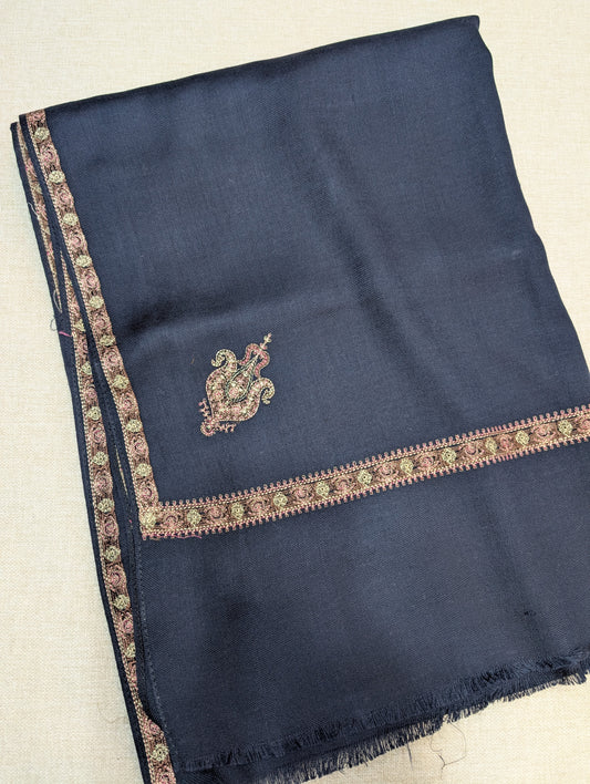 Kingri Border Embroidered Pashmina Shawl | Navy Blue