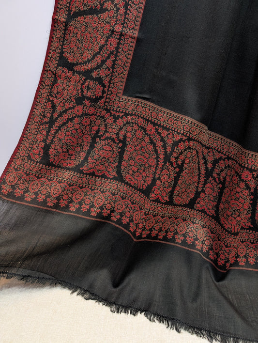 Pashmina Wool Kani Border Shawl in Full Size Multi Color Black