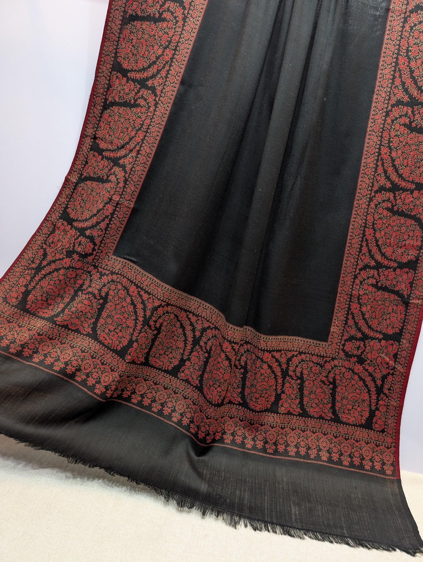 Pashmina Wool Kani Border Shawl in Full Size Multi Color Black