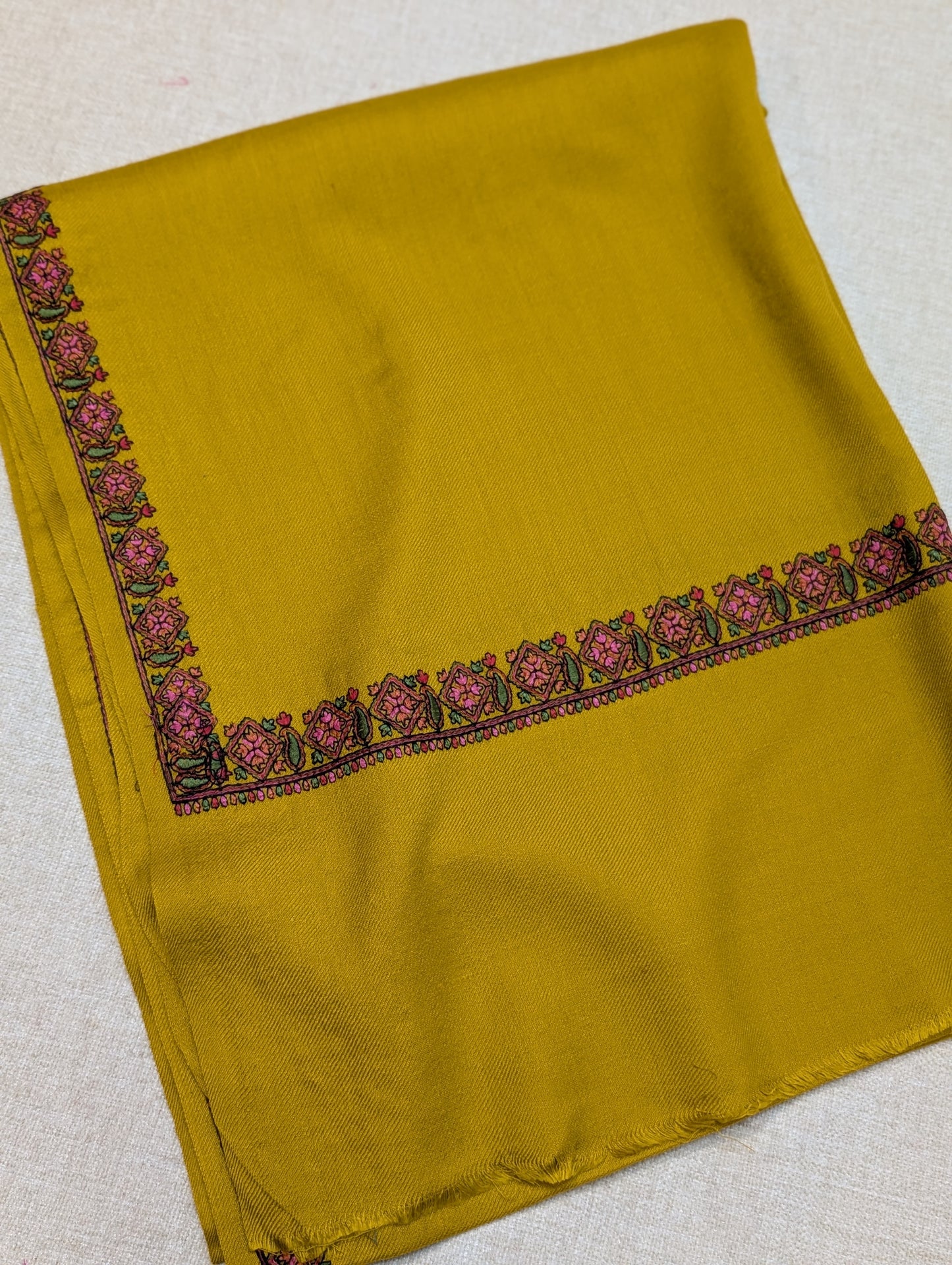 Pashmina Embroidered Stole | Hashia Border 80x28 inches | Mustard