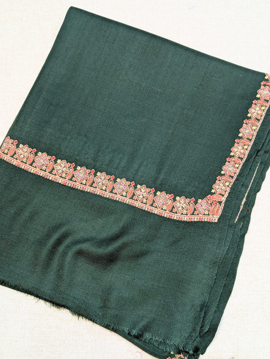 Pashmina Embroidered Stole | Hashia Border 80x28 inches | Dark Green