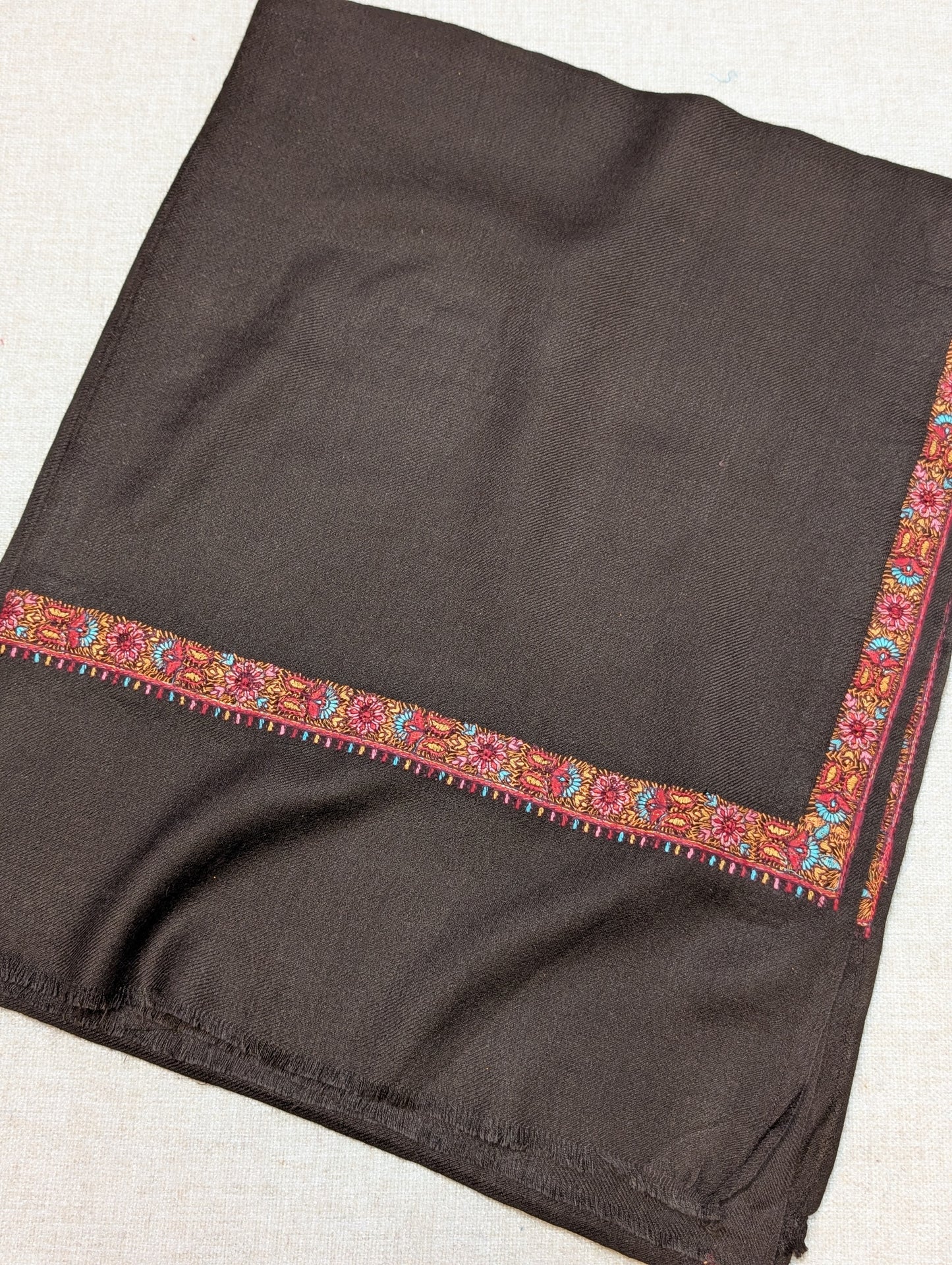 Pashmina Embroidered Stole | Hashia Border 80x28 inches | Choc Brown
