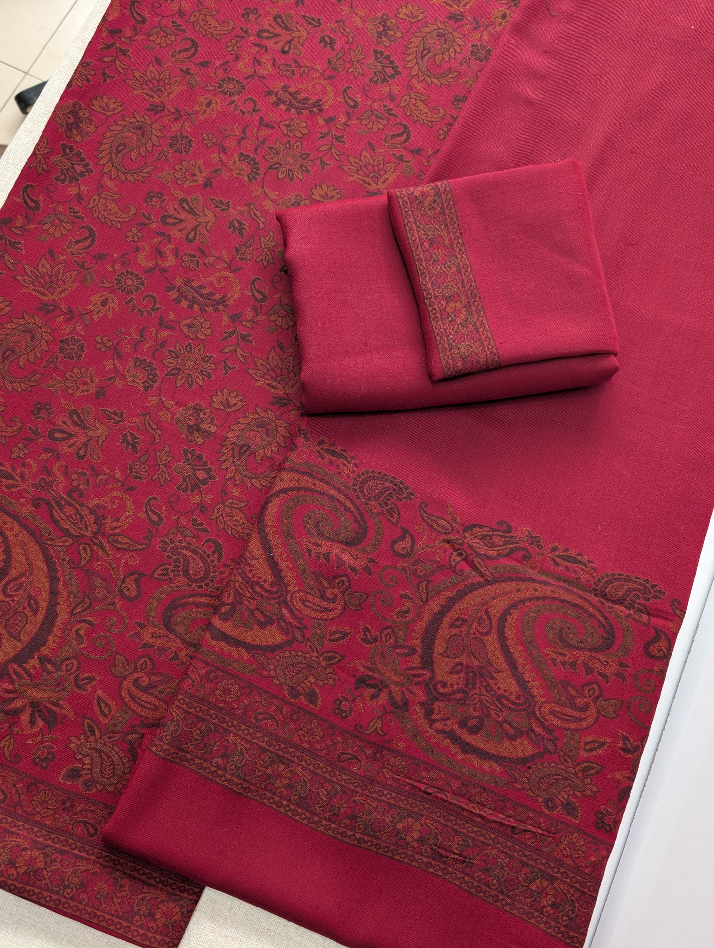 Special Kani 3 Piece Unstitched Suit | Maroon Jaal