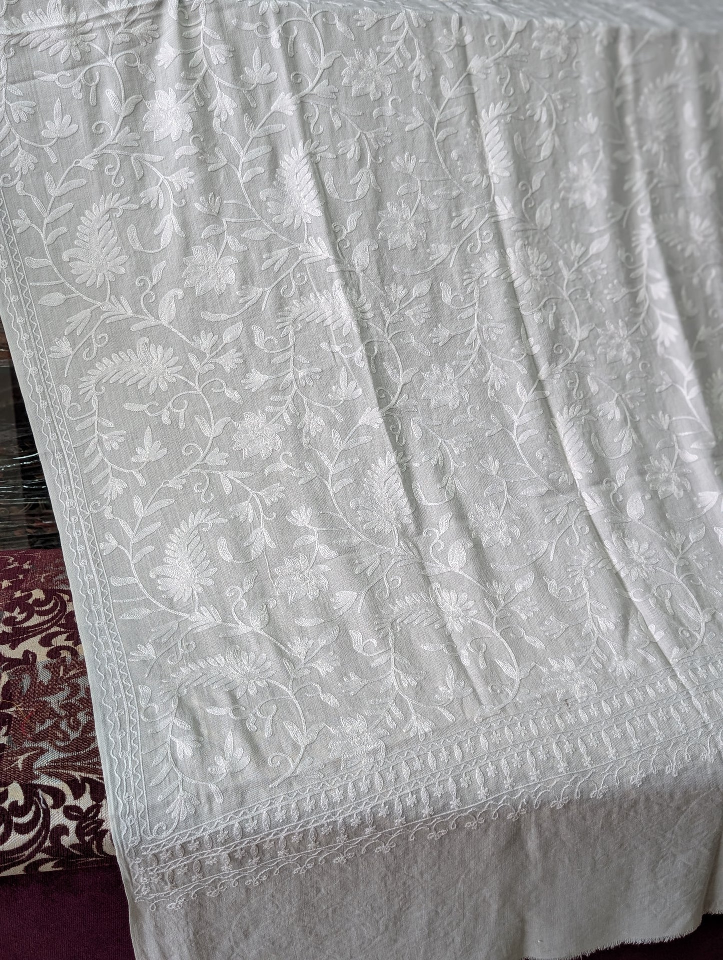 Pashmina Embroidered Shawl | Kashmiri Aar Work Embroidery Perfect Gift in Sale Price White