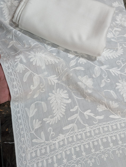 Pashmina 3 Piece Suit | Embroidered Shawl with Plain Suit Marina White
