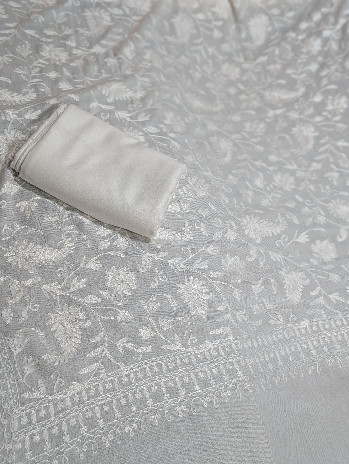 Pashmina 3 Piece Suit | Embroidered Shawl with Plain Suit Marina White