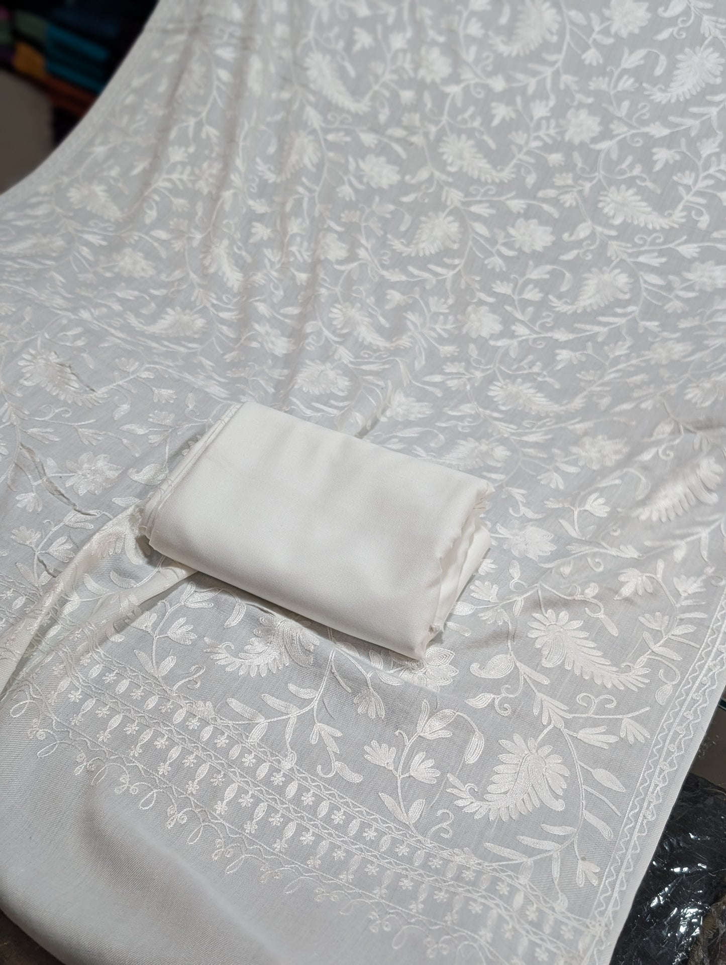 Pashmina 3 Piece Suit | Embroidered Shawl with Plain Suit Marina White
