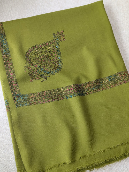 Pashmina Shawl Kingri Border Embroidery | Handmade Shawl Perfect Gift | Mehndi Green
